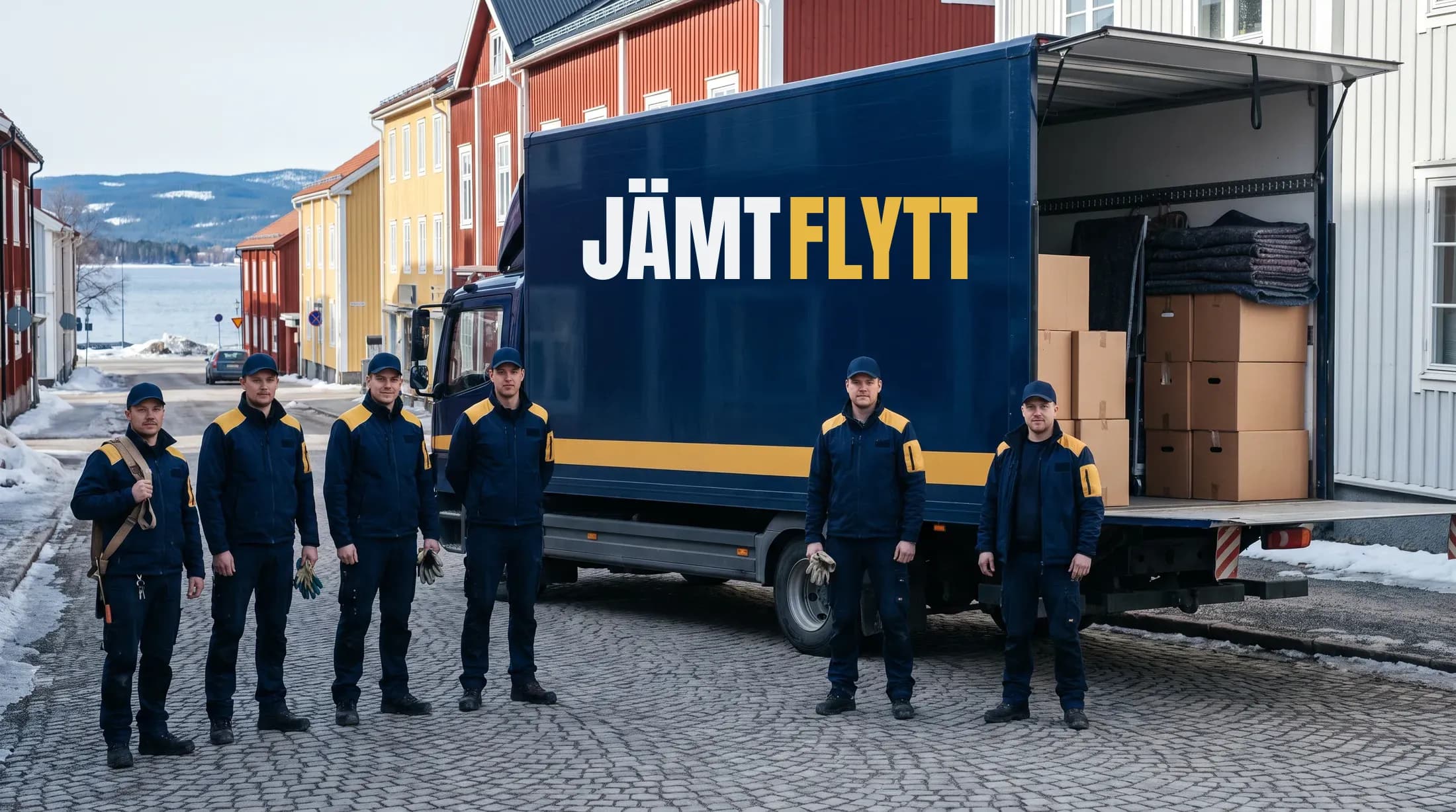 Jämtflytts flyttpersonal framför flyttbilen på en gata i Östersund