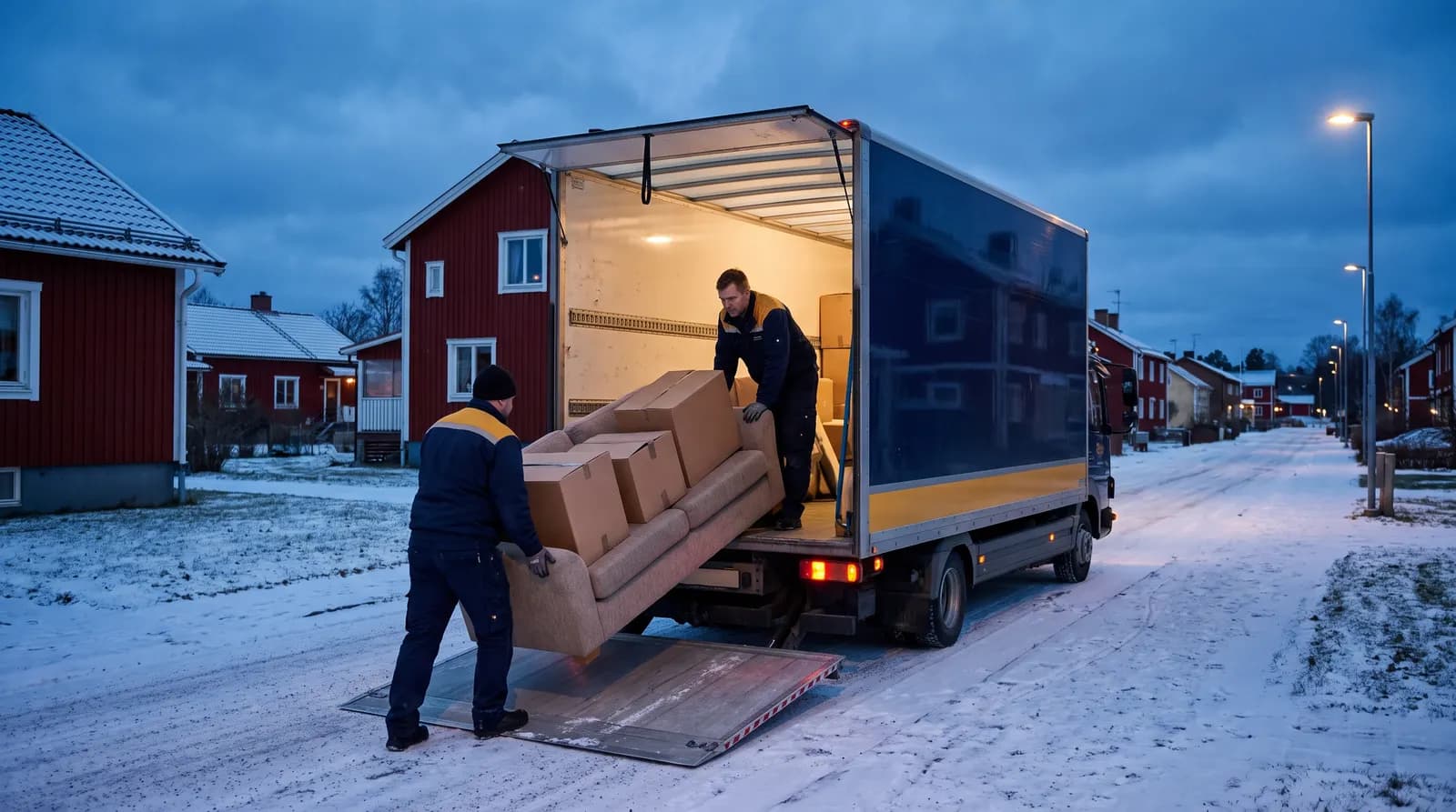 Lastning av flyttbil i skymningen