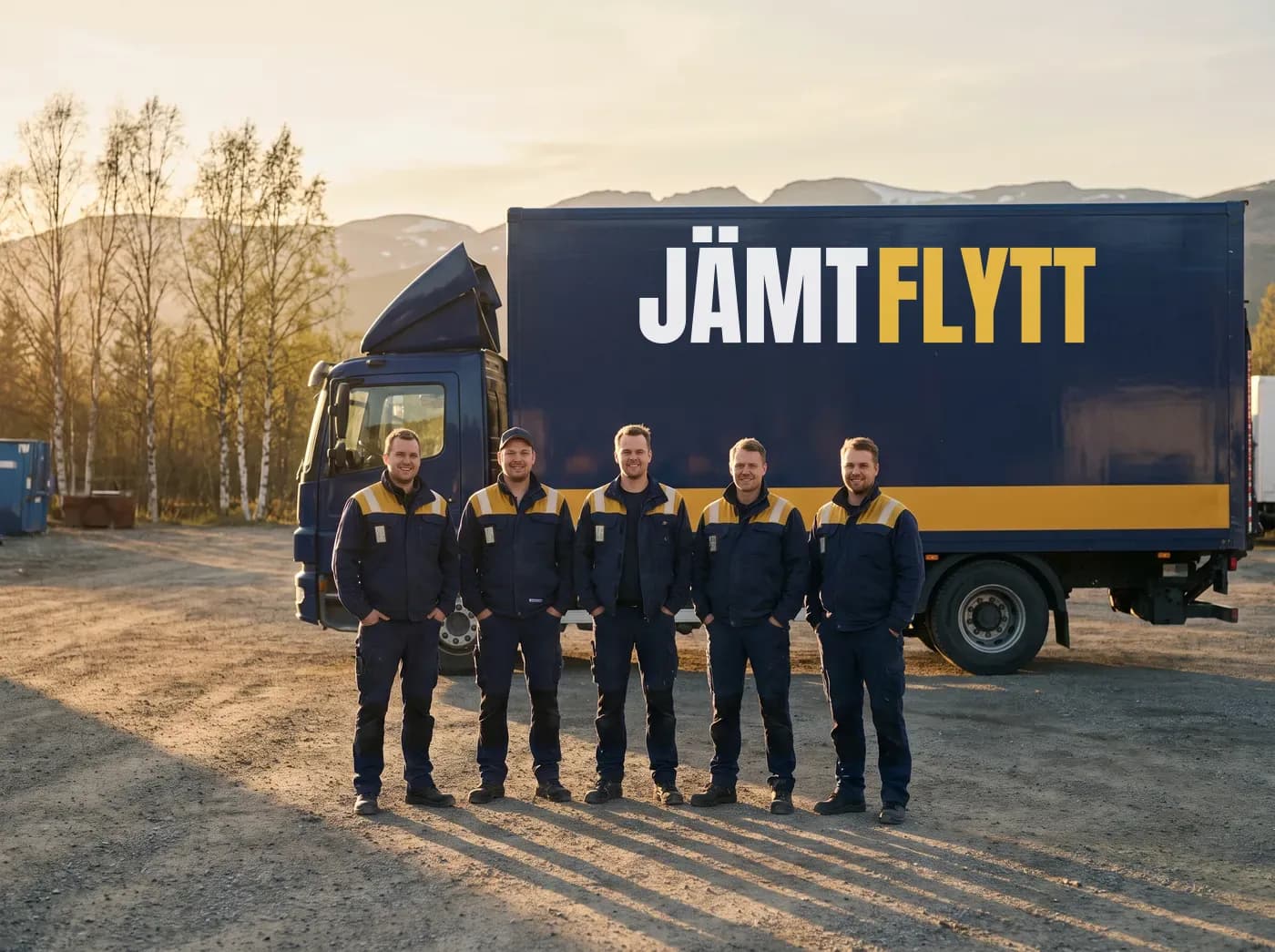 Teamet framför flyttbilen i kvällssol